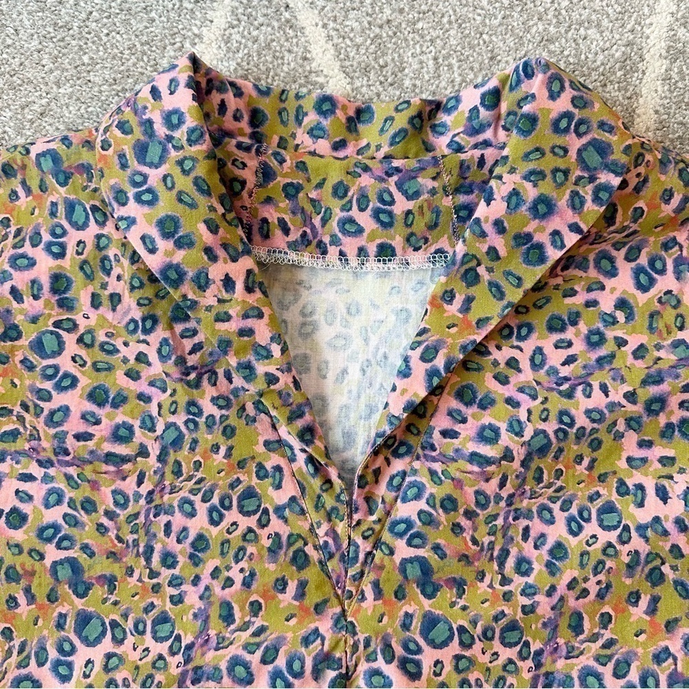 Handmade Cotton Oversize Boxy Pink Green Blue Short Sleeve Leopard Print Blouse - Picture 2 of 4